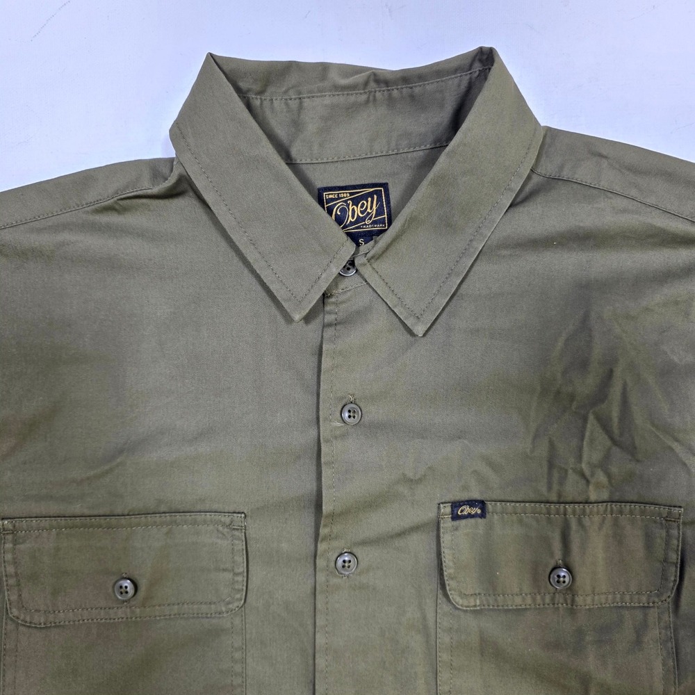 Obey Shirt Mens S Olive Green Short Sleeve Button Down Workwear Utility Skater